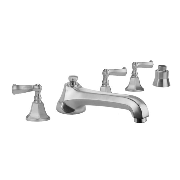 Astor Roman Tub Set with Low Spout and Ribbon Lever Handles and Straight Handshower Mount