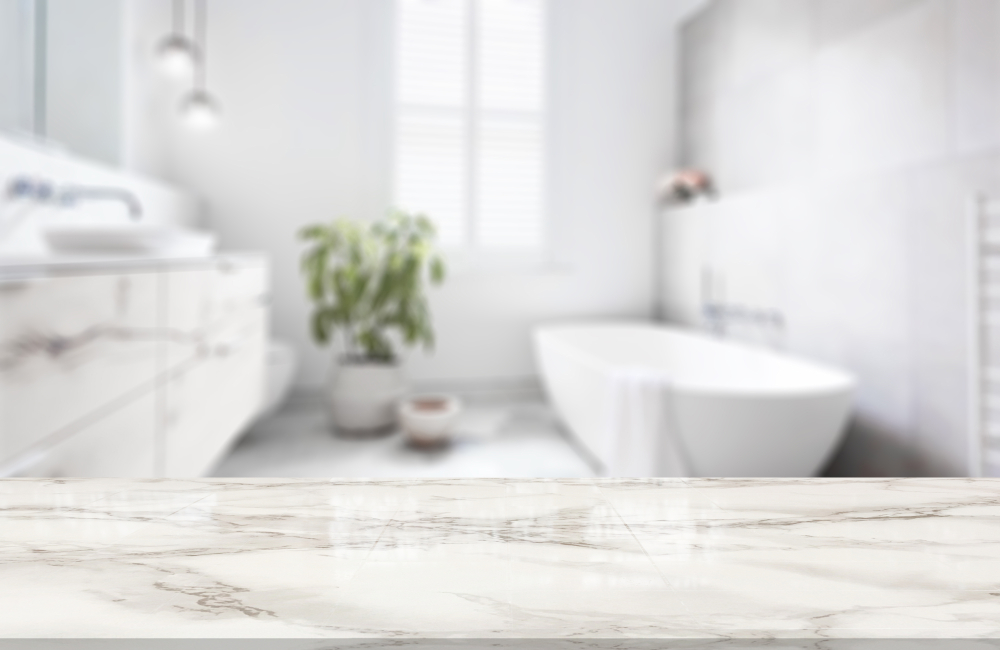 Table Top And Blur Bathroom Of The Background
