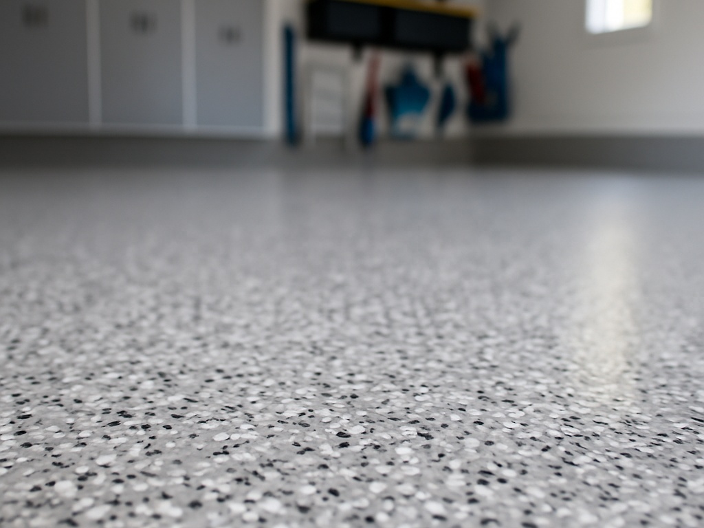 Indoor photo of garage epoxy floor, grey and white and black speckle, at an angle